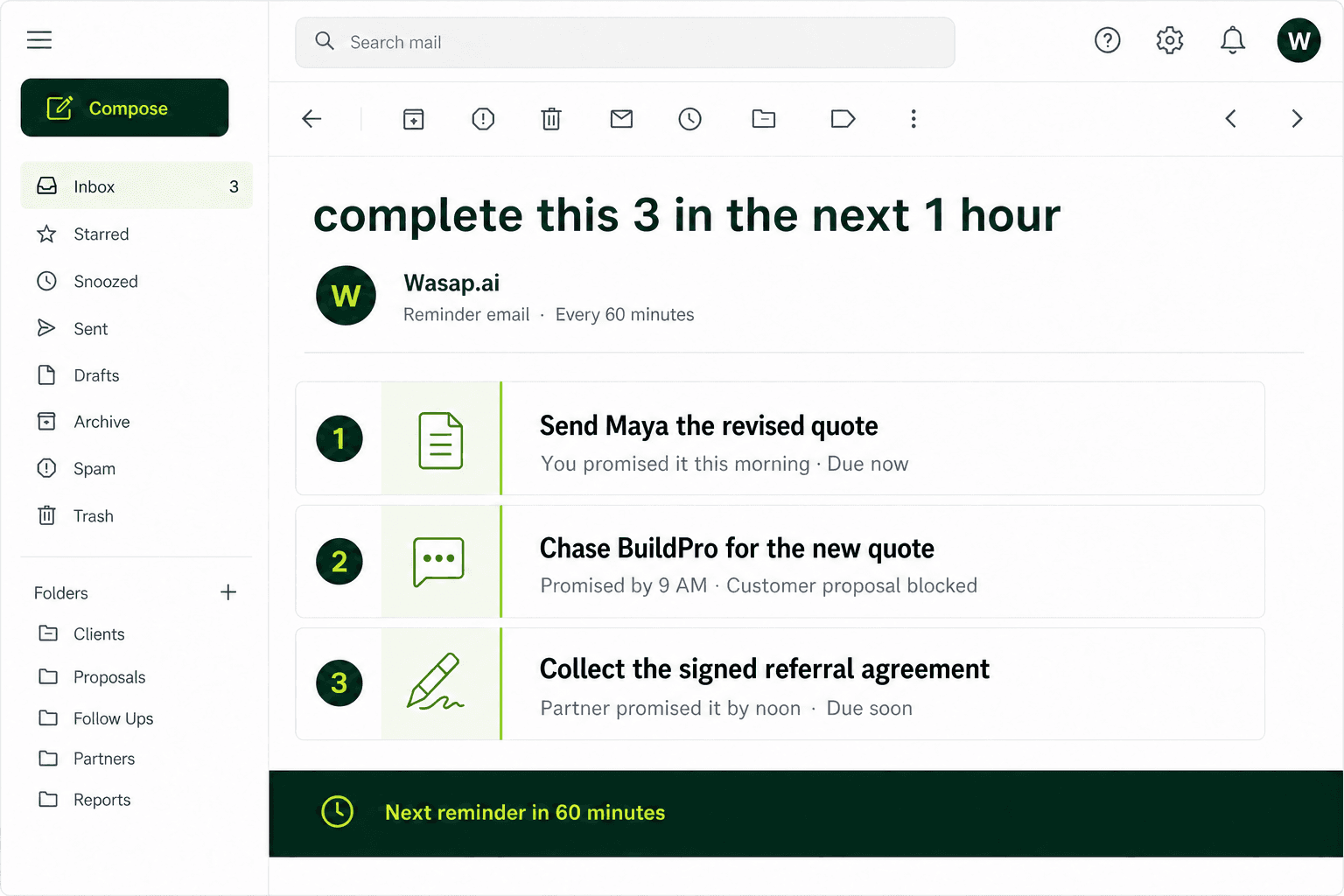 Example Wasap.ai reminder email with three evidence-backed actions for a prospect, supplier, and partner.